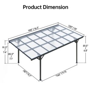 Real Relax 10 x 16ft Heavy Duty Metal Carport, Outdoor Aluminum Pitched Roof Canopy with Polycarbonate Panel for Cars, Boats & Ideal Shelter, Grey