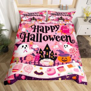 kawaii halloween ghost duvet cover set full size,pink lovely cute ghost pumpkin comforter cover with 2 pillowcases,cartoon dessert style happy holiday breathable quilt cover set(not comforter)