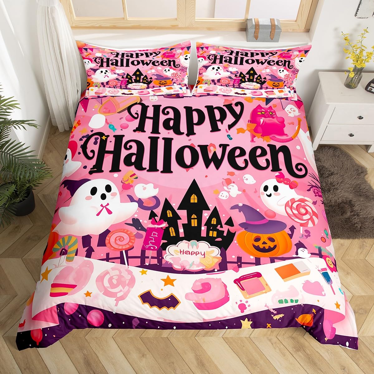 Kawaii Halloween Ghost Duvet Cover Set Full Size,Pink Lovely Cute Ghost Pumpkin Comforter Cover with 2 Pillowcases,Cartoon Dessert Style Happy Holiday Breathable Quilt Cover Set(Not Comforter)