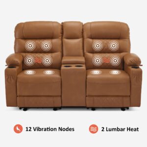 MCombo Electric Power Loveseat Recliner with Console, Faux Leather Power Reclining Sofa with Heat and Vibration, USB Ports, Cup Holders for Living Room PR624 (Saddle)