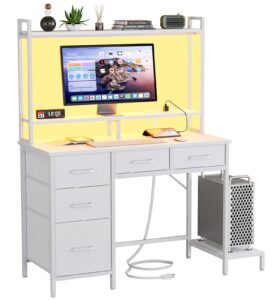 korfile computer desk with hutch, white gaming desk with power outlets & led light & 5 fabric drawers, home office desk with 2 tiers storage shelves for display, 39" small table for bedroom