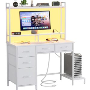 Korfile Computer Desk with Hutch, White Gaming Desk with Power Outlets & LED Light & 5 Fabric Drawers, Home Office Desk with 2 Tiers Storage Shelves for Display, 39" Small Table for Bedroom