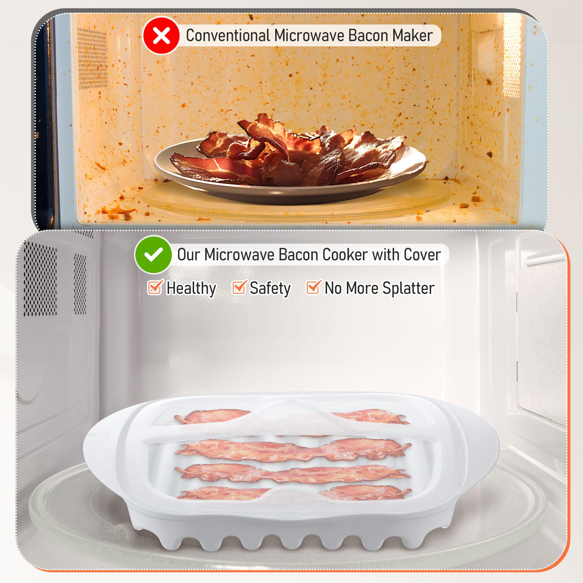 Feekoon 2 Pcs Microwave Bacon Cooker with Cover, Microwave Bacon Tray with Lid, No More Splattering, Keeps Microwave Clean, Microwave Bacon Maker, Drain Tray Design Less Fat, Dishwasher Safe(White)