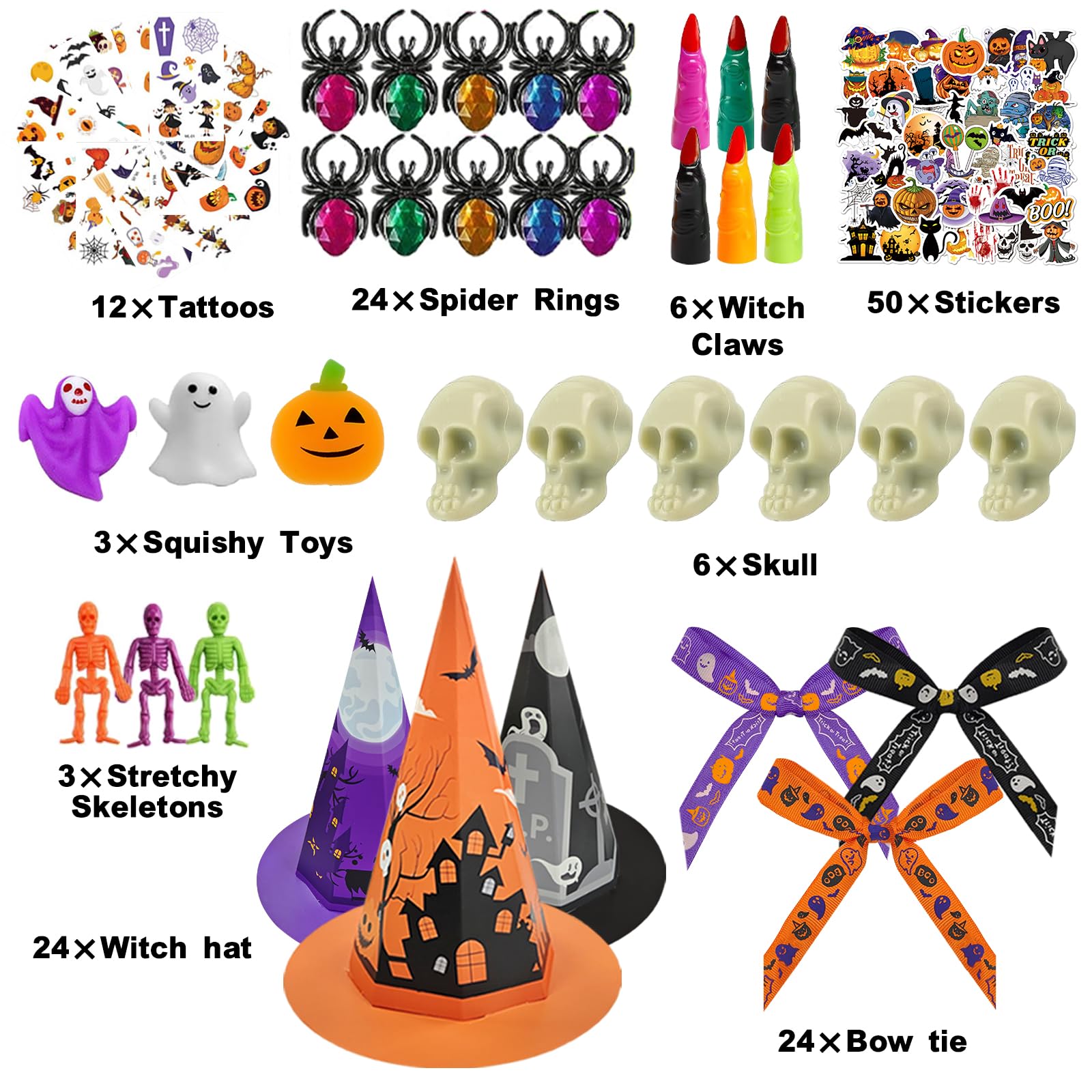 Golden Associate Halloween Party Favors for Kids, 24 Pack Witch Hat Shaped Treat Bag Fillers with 266 Pcs Non-Candy Treats Toys Bulk, Goodies Classroom Prizes Handouts Gifts