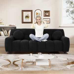 Boucle Sofa Couch, 72.8" Modern Comfy Upholstered Love Seat 2 Seater Tufted Cloud Couch, Cozy Teddy Loveseat Sofa with 2 Accent Pillows for Living Room Apartment Bedroom, Black