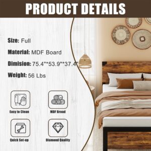 GAOMON Full Bed Frame, Platform Full Size Bed Frame with Wood Headboard, Metal Full Bed Frame with Under Bed Storage and Support Legs, Noise Free, No Box Spring Needed, Easy Assembly-Rustic Brown