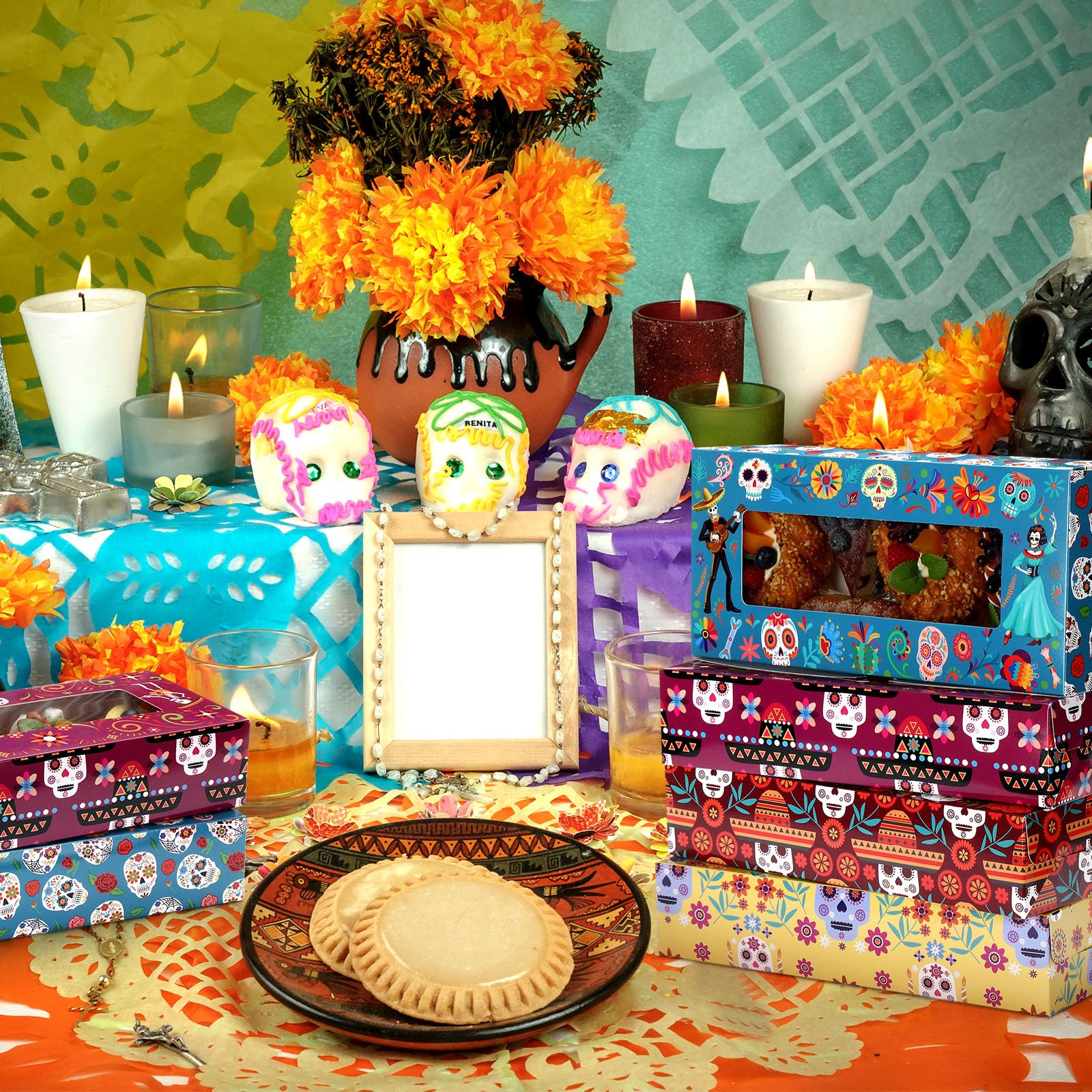 12 Pcs Day of The Dead Cookie Boxes with Window, Bakery Box, 12 x 5.5 x 2.5 Inches Skull Sombrero Cupcake Boxes Pastry Box Dessert Boxes for Halloween Mexican Themed Party Decoration Supplies