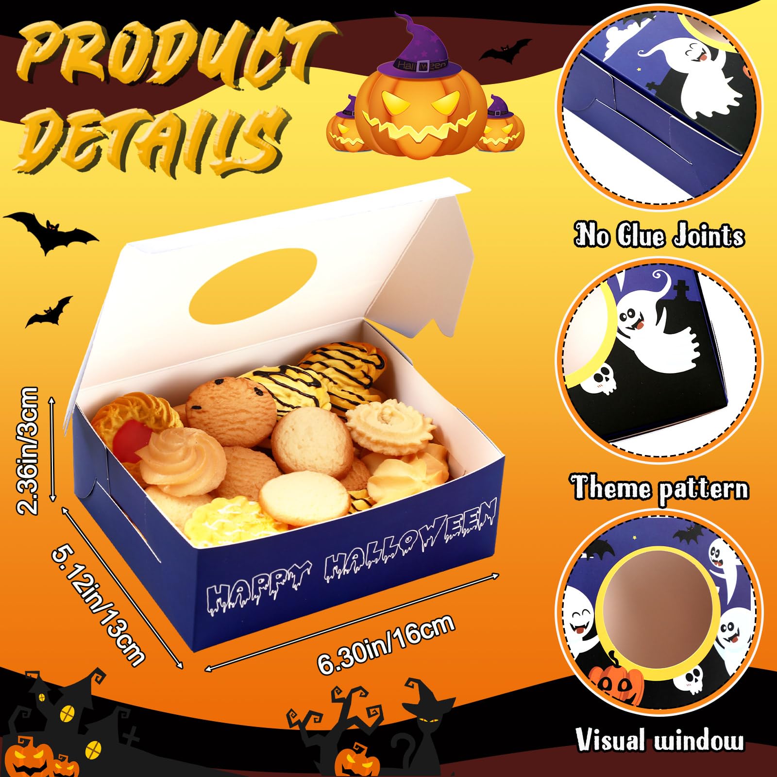 MotiMind 36 Pieces Halloween Cookie Boxes with Window Halloween Treat Boxes Pumpkin Ghost Popcorn Boxes 6.3 x 5.12 x 2.36 Inch Paper Halloween Candy Bowl Snack Tray for Trick or Treat Party Supplies