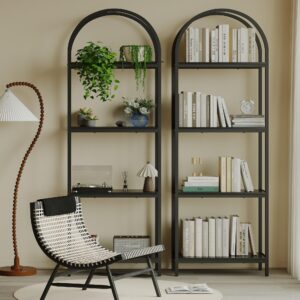 Kogven Bookshelf Arched Bookcase, Industrial 4-Tier Open Book Shelves with Metal Frame, 72" Tall Freestanding Storage Display Rack for Home Office, Living Room (Black, 4 Tier Arched)