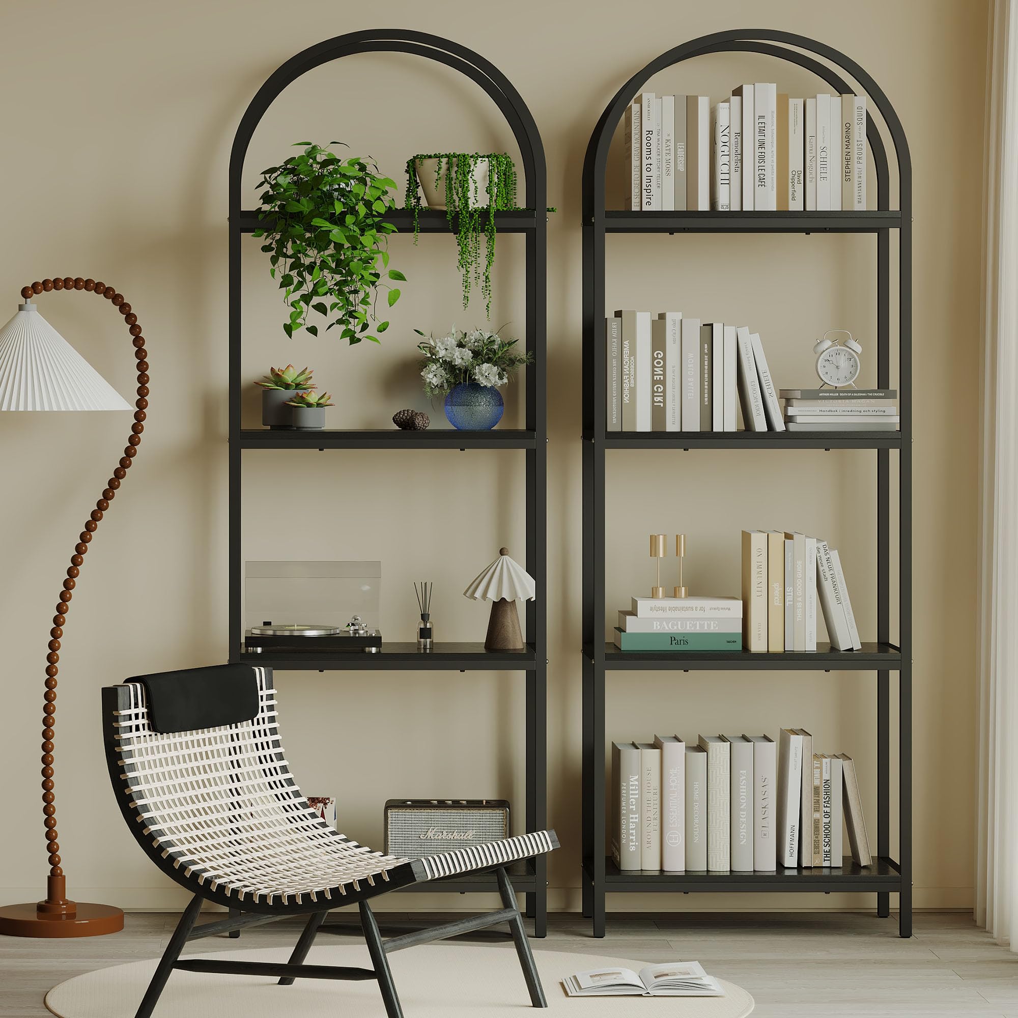 Kogven Bookshelf Arched Bookcase, Industrial 4-Tier Open Book Shelves with Metal Frame, 72" Tall Freestanding Storage Display Rack for Home Office, Living Room (Black, 4 Tier Arched)