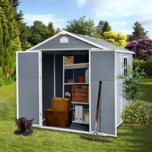 glanzend 8x6ft resin outdoor storage shed with floor foundation, outside garden tool house with side window and air vent, plastic strong structure for patio lawn, garbage chamber