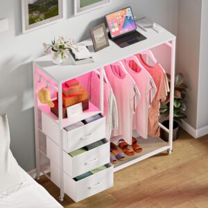 LAKEMID Dresser with Hanging Rack, Cute Wardrobe Dresser with Charging Station and LED Lights, White Dresser with 3 Drawers and 2 Tier Shelves, for Hallway, TV Stand Use