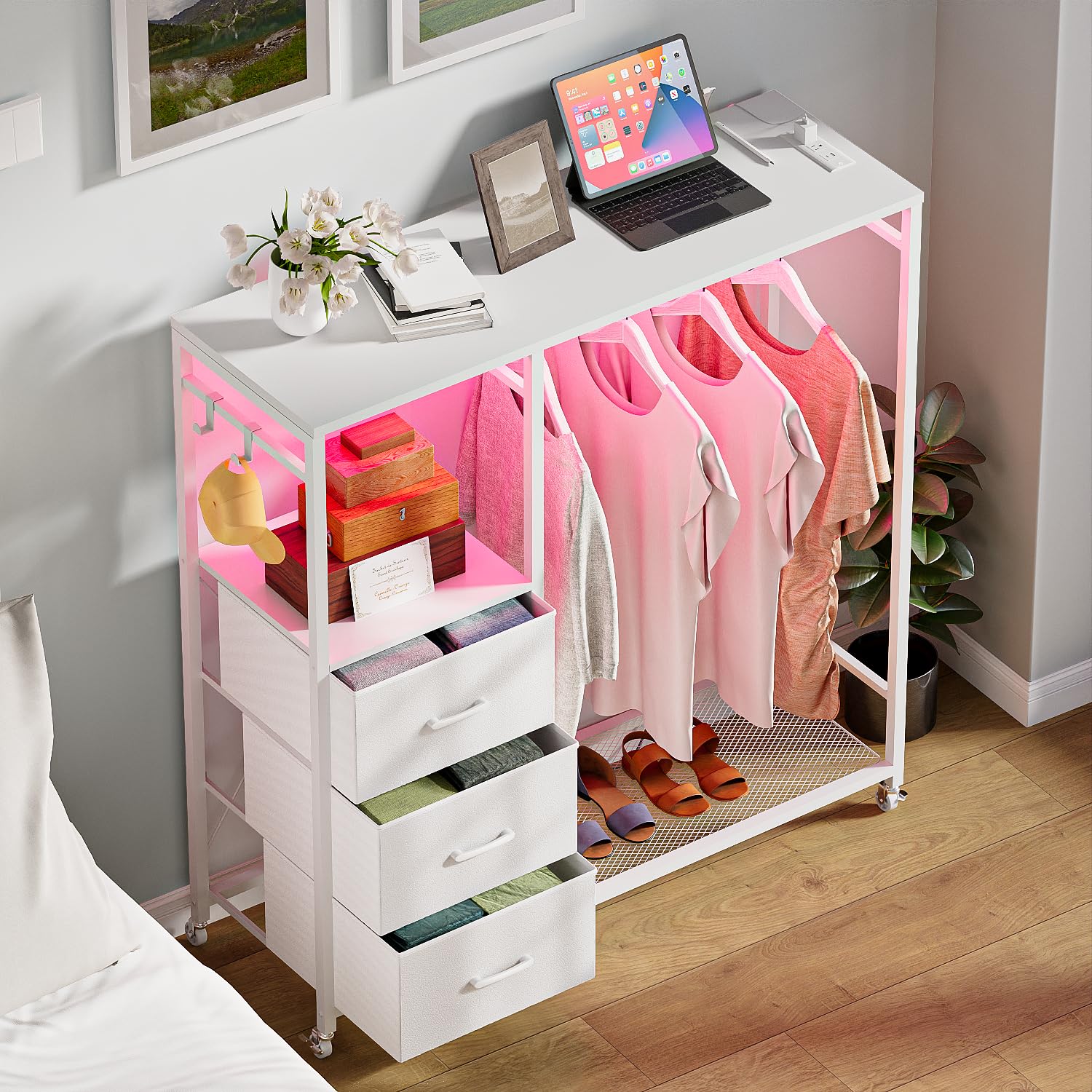 LAKEMID Dresser with Hanging Rack, Cute Wardrobe Dresser with Charging Station and LED Lights, White Dresser with 3 Drawers and 2 Tier Shelves, for Hallway, TV Stand Use