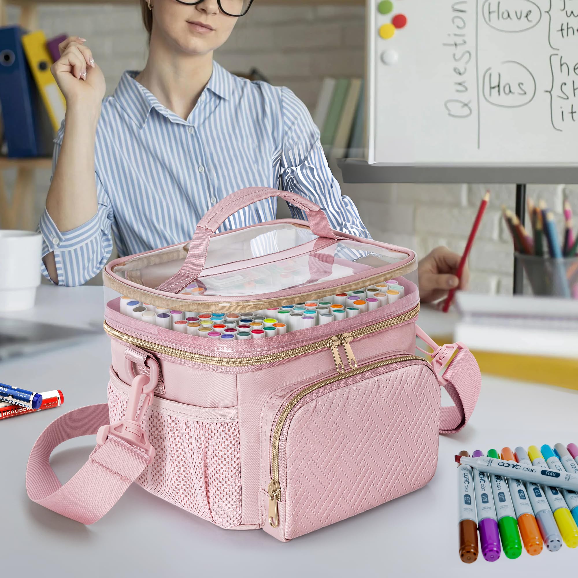 Rexmica Marker Organizer Case for 100 Markers, Marker Storage Organizer Bag with Divider and Shoulder Strap, Marker Travel Carrying Case with 3 Pockets, Pink (Patented Design)