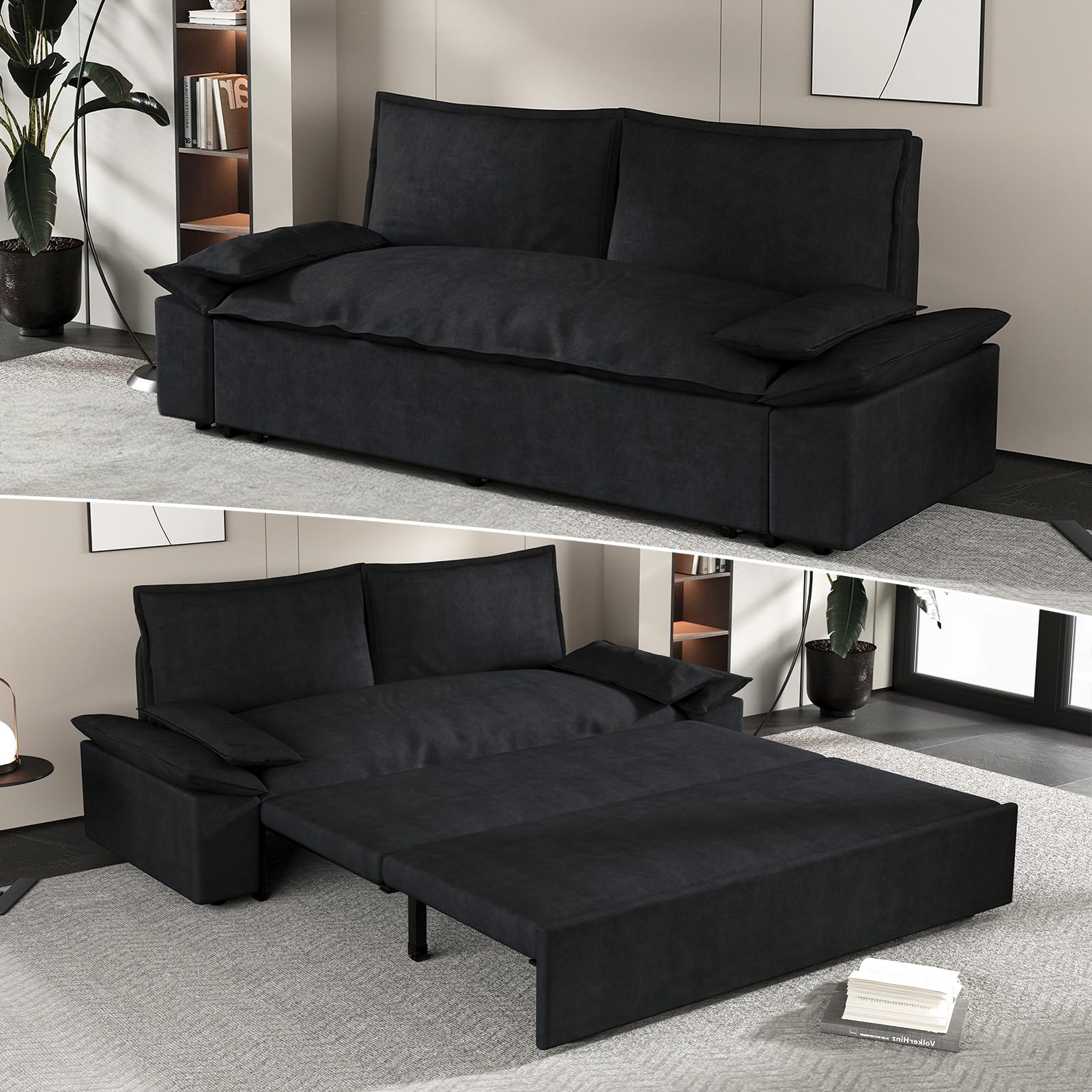 Rovibek Convertible Sofa Bed Pull Out 3 in 1 Sleeper Sofa Couch Bed Queen Size Loveseat Sleeper Chaise Lounge Futon Velvet 2 Seat for Living Room Apartment Small Space, Black