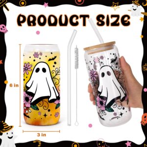 ONEVIVE Halloween Glass Cups with Lids Straws, Spooky Ghost Pumpkin Drinking Glasses, Cute 16oz Can Shaped Flower Tumbler Iced Coffee Cup Gifts for Women (Purple)