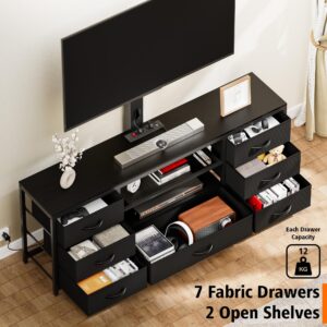 TV Stand with Mount and 7 Fabric Drawers, Led Entertainment Center with Power Outlets for 32 45 55 60 65 70 inch TVs, Black Dresser with Open Shelves Media Console Cabinet for Living Room Bedroom