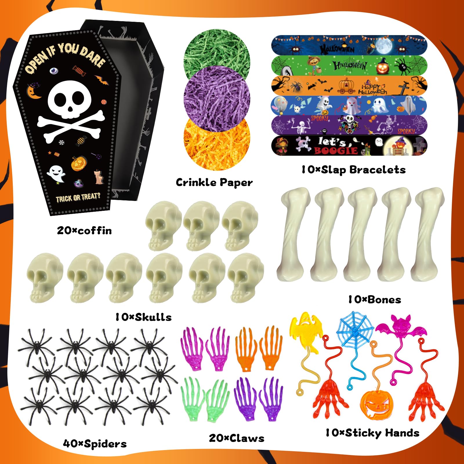 GOAUS Halloween Party Favors 20 Pack, Coffin Box Treat Goodie Bag Bags, 240 Pcs Toys Bulk Non-Candy Treats for Trick or Treat, Halloween Crafts, Kids Prizes Classroom Basket Stuffers