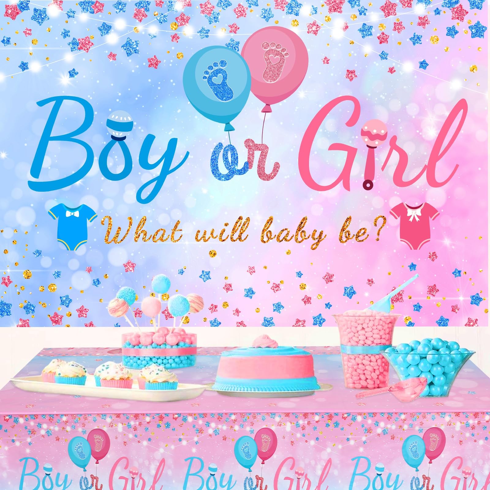 Baby Gender Reveal Party Decorations - Pink Blue Balloon Arch Garland Kits With 4pcs Baby Boxes, Gender Reveal Backdrop and Tablecloths for Baby Shower, Boy or Girl Gender Reveal Party Ideas Supplies