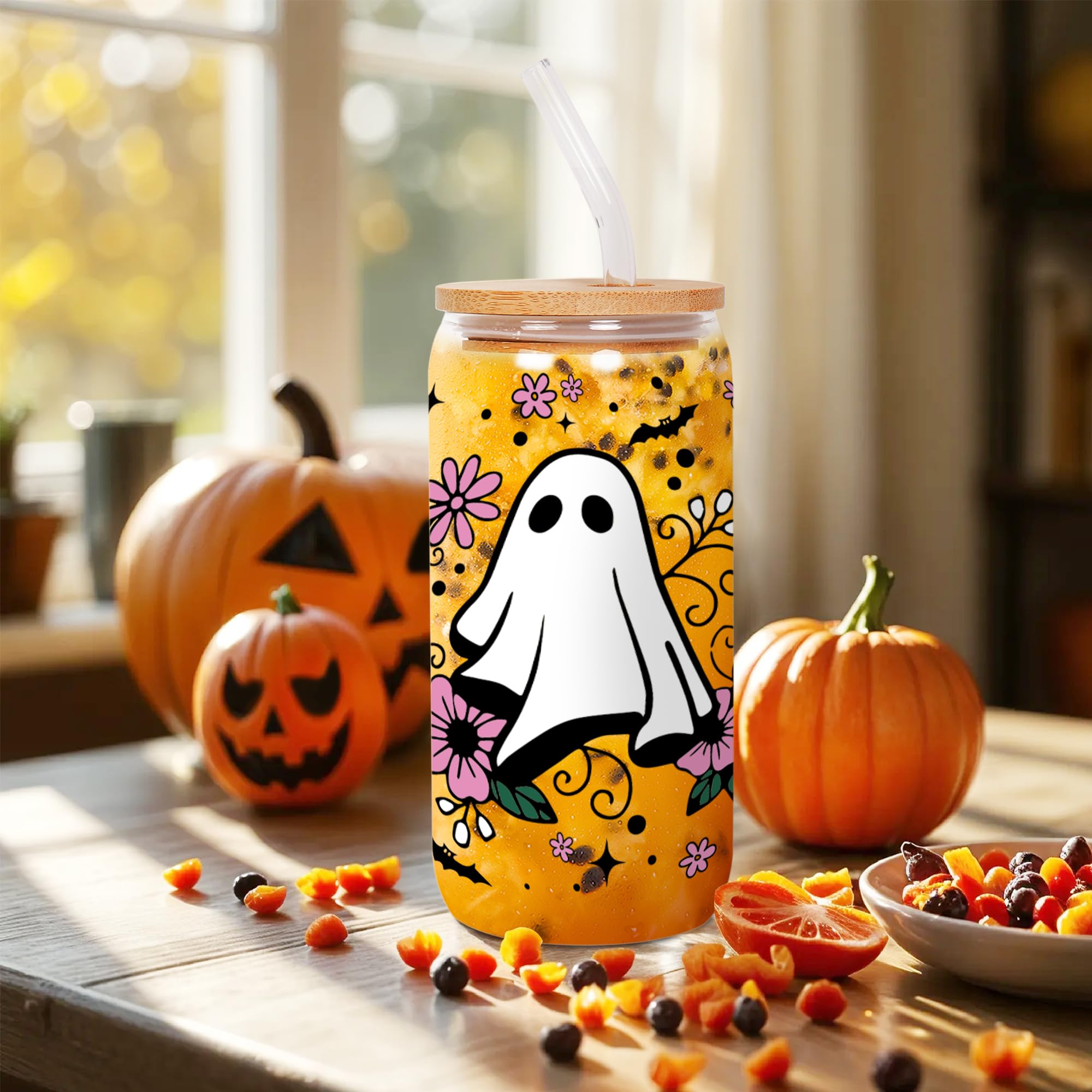 ONEVIVE Halloween Glass Cups with Lids Straws, Spooky Ghost Pumpkin Drinking Glasses, Cute 16oz Can Shaped Flower Tumbler Iced Coffee Cup Gifts for Women (Purple)