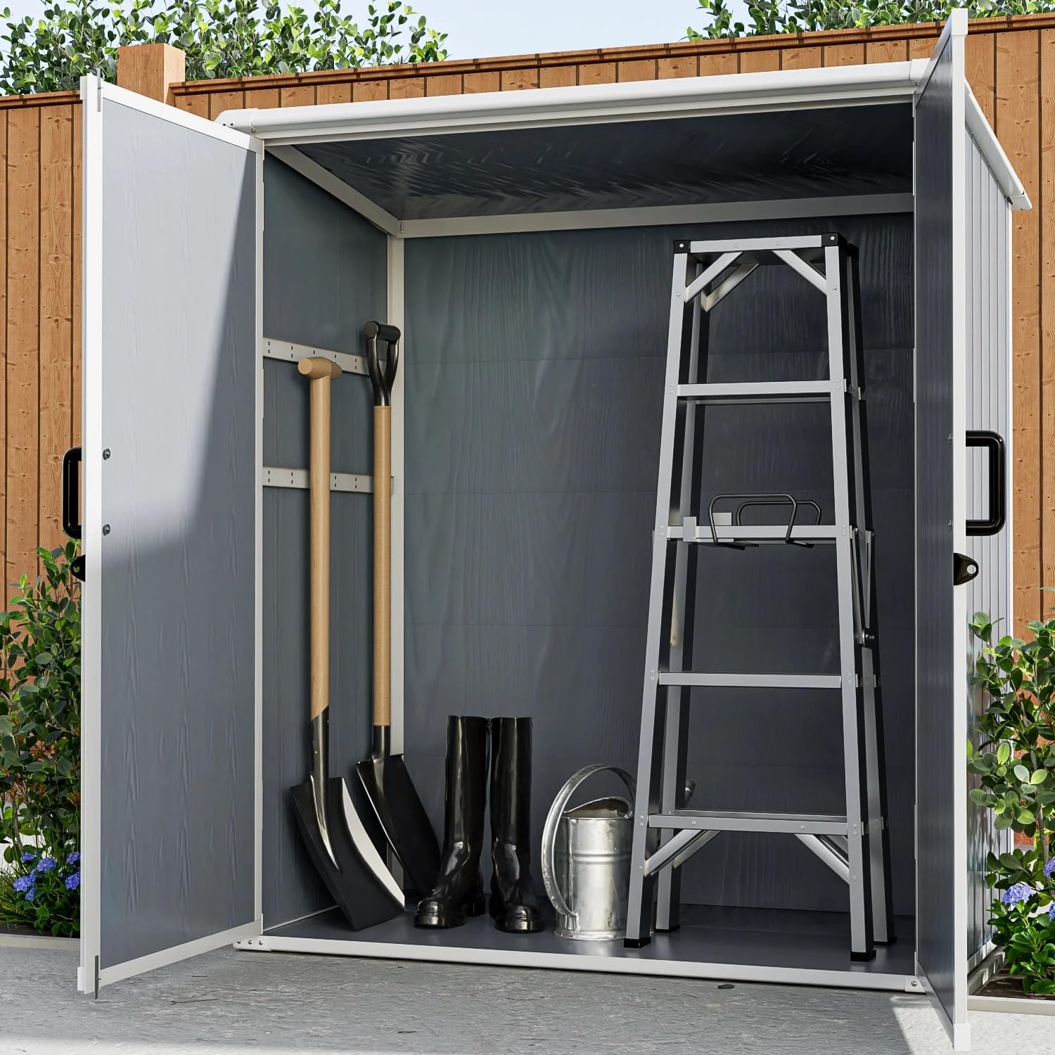 GLANZEND 5x3 FT Resin Outdoor Storage Shed, All Weather Waterproof Garden Storage Cabinet with Lockable Double Doors, Outside Utility Tool Sheds for Bikes and Patio, Light Gray