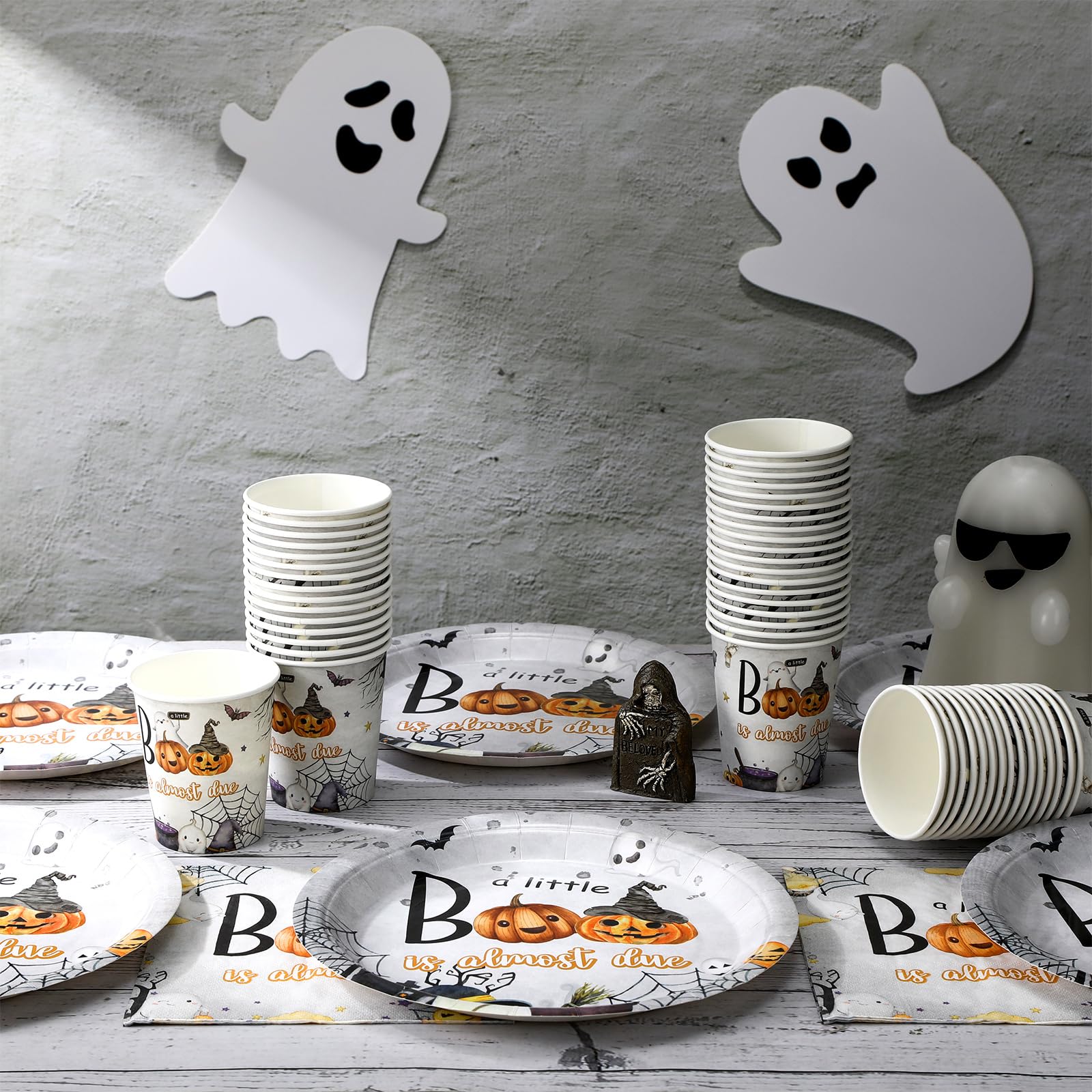 Hushee 200 Pcs Halloween a Little Boo Is Almost Due Baby Shower Paper Plates Napkins Cups Baby Shower Party Supplies Tableware Set Disposable Cup Napkin for 50 Guest Party Decoration