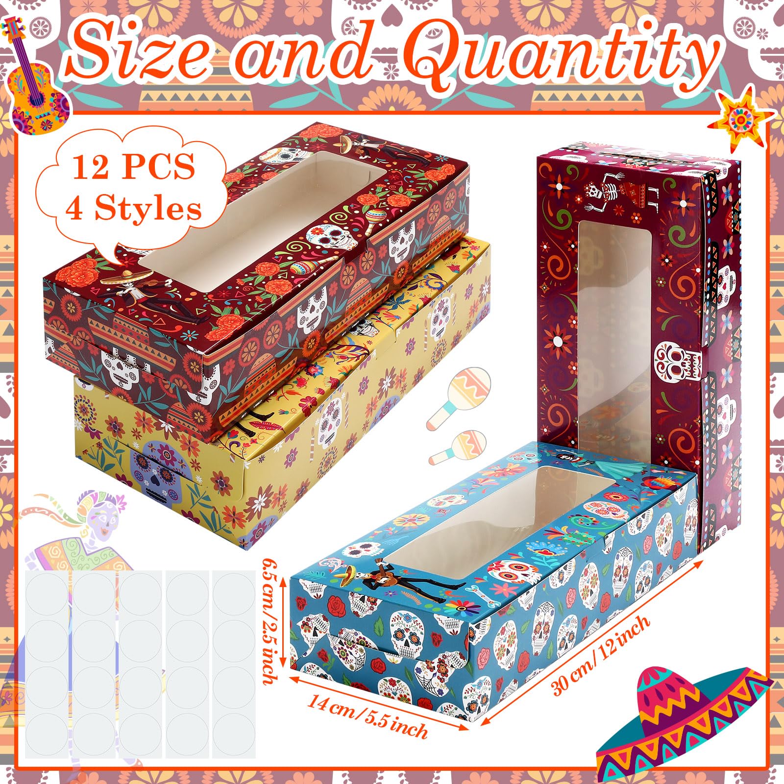 12 Pcs Day of The Dead Cookie Boxes with Window, Bakery Box, 12 x 5.5 x 2.5 Inches Skull Sombrero Cupcake Boxes Pastry Box Dessert Boxes for Halloween Mexican Themed Party Decoration Supplies