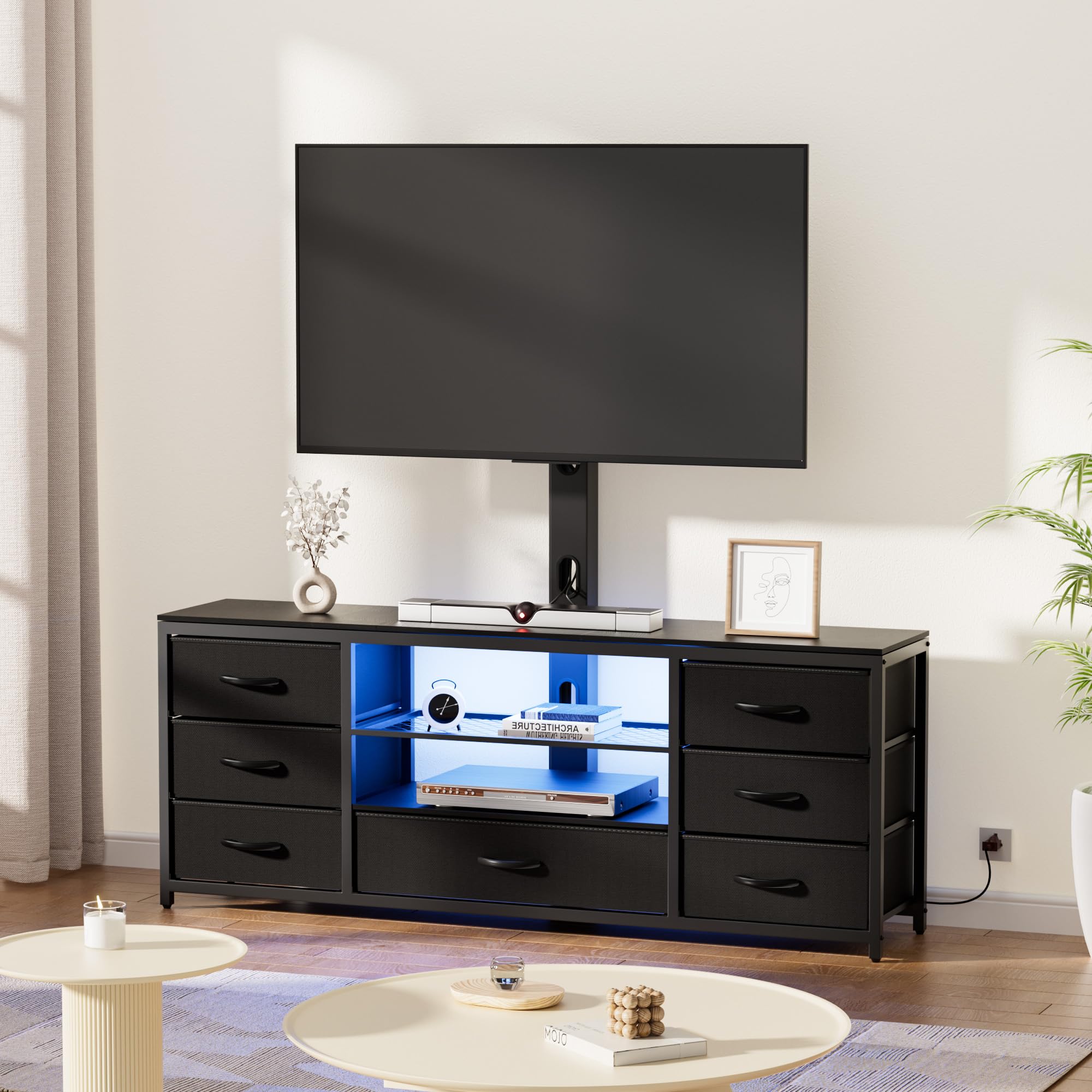 TV Stand with Mount and 7 Fabric Drawers, Led Entertainment Center with Power Outlets for 32 45 55 60 65 70 inch TVs, Black Dresser with Open Shelves Media Console Cabinet for Living Room Bedroom