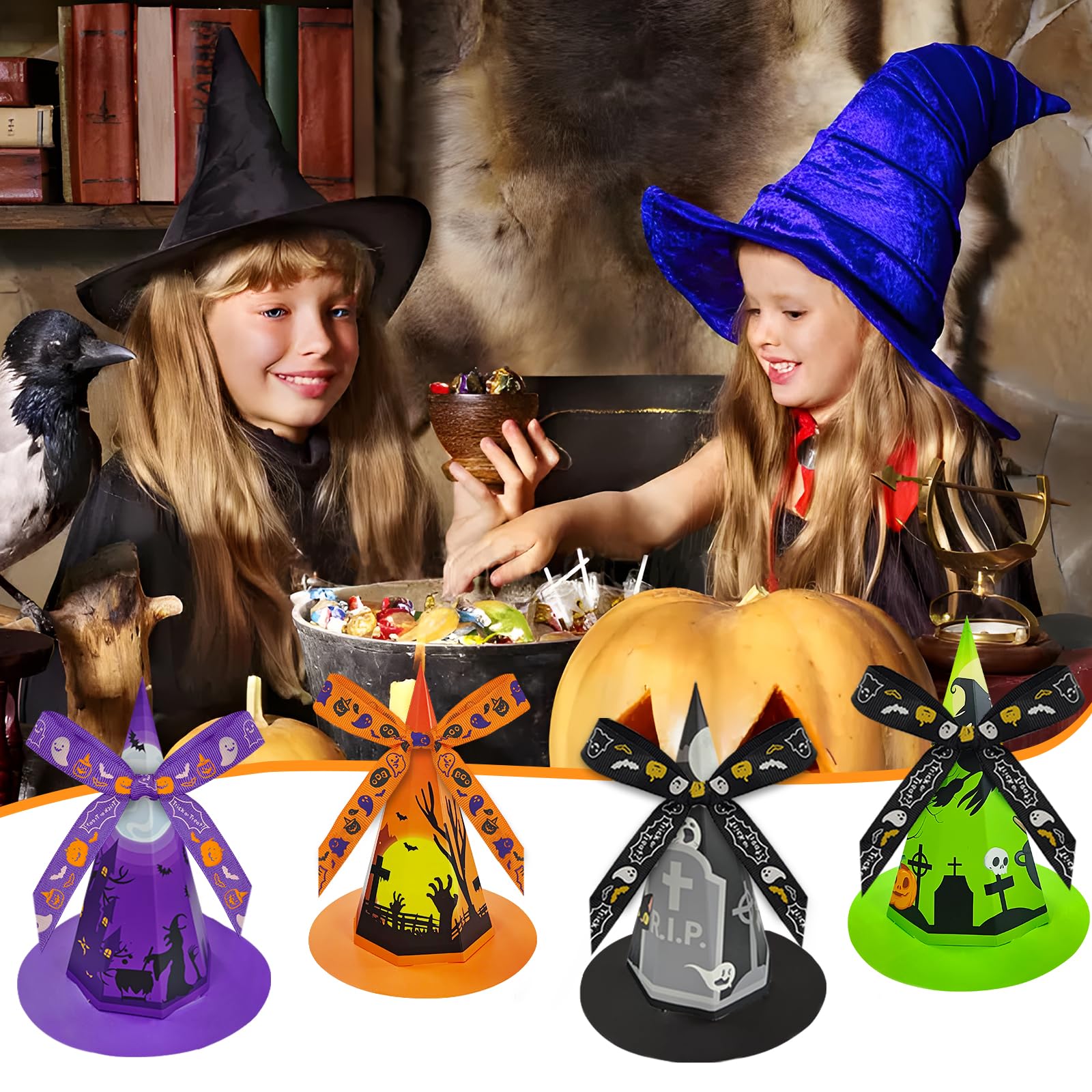 Golden Associate Halloween Party Favors for Kids, 24 Pack Witch Hat Shaped Treat Bag Fillers with 266 Pcs Non-Candy Treats Toys Bulk, Goodies Classroom Prizes Handouts Gifts