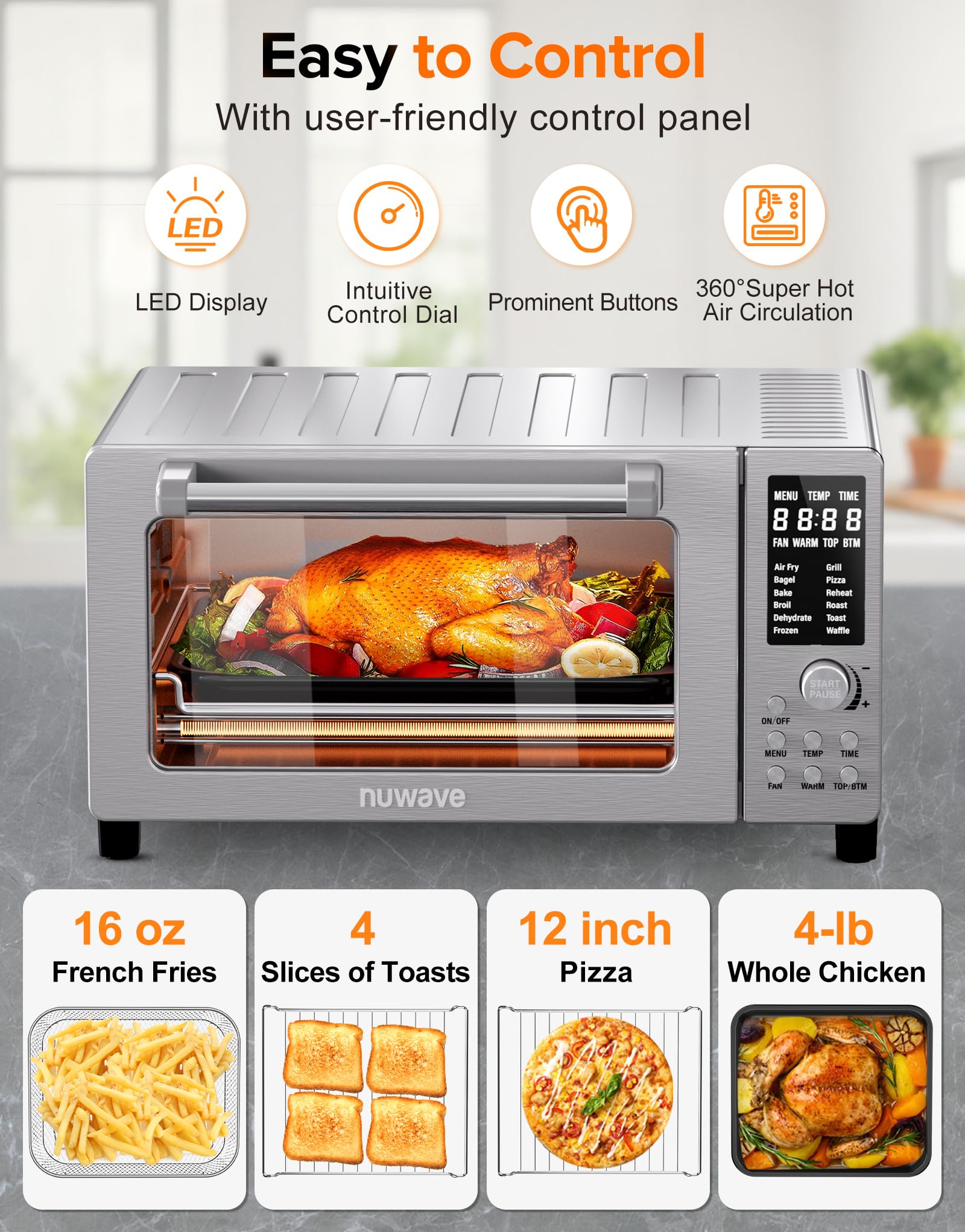 Nuwave Bravo Pro Smart 21QT Toaster Oven Air Fryer Combo, Convection Oven Countertop, 12 functions all in 1, with even & quick crisp technology, 50-450°F, 1800W, Stainless Steel