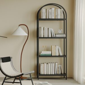 kogven bookshelf arched bookcase, industrial 4-tier open book shelves with metal frame, 72" tall freestanding storage display rack for home office, living room (black, 4 tier arched)