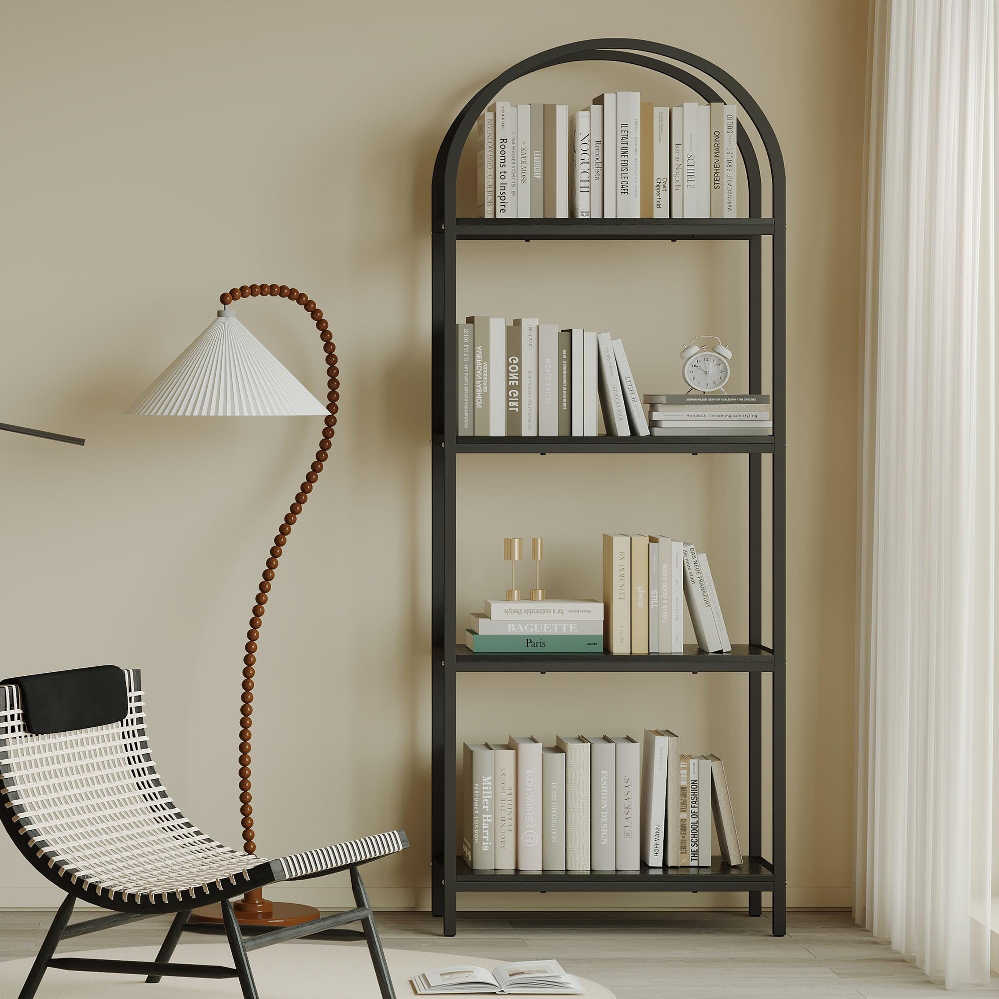 Kogven Bookshelf Arched Bookcase, Industrial 4-Tier Open Book Shelves with Metal Frame, 72" Tall Freestanding Storage Display Rack for Home Office, Living Room (Black, 4 Tier Arched)