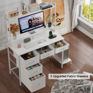 Korfile Computer Desk with Hutch, White Gaming Desk with Power Outlets & LED Light & 5 Fabric Drawers, Home Office Desk with 2 Tiers Storage Shelves for Display, 39" Small Table for Bedroom