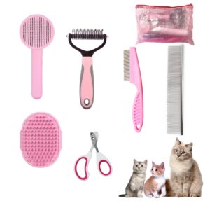 posapet cat brush grooming kit 6pcs - cat brushes for indoor cats shedding, dog brushes kit for small dogs,cat brushes for shedding for long haired cats, pet self cleaning kit with flea comb set pink