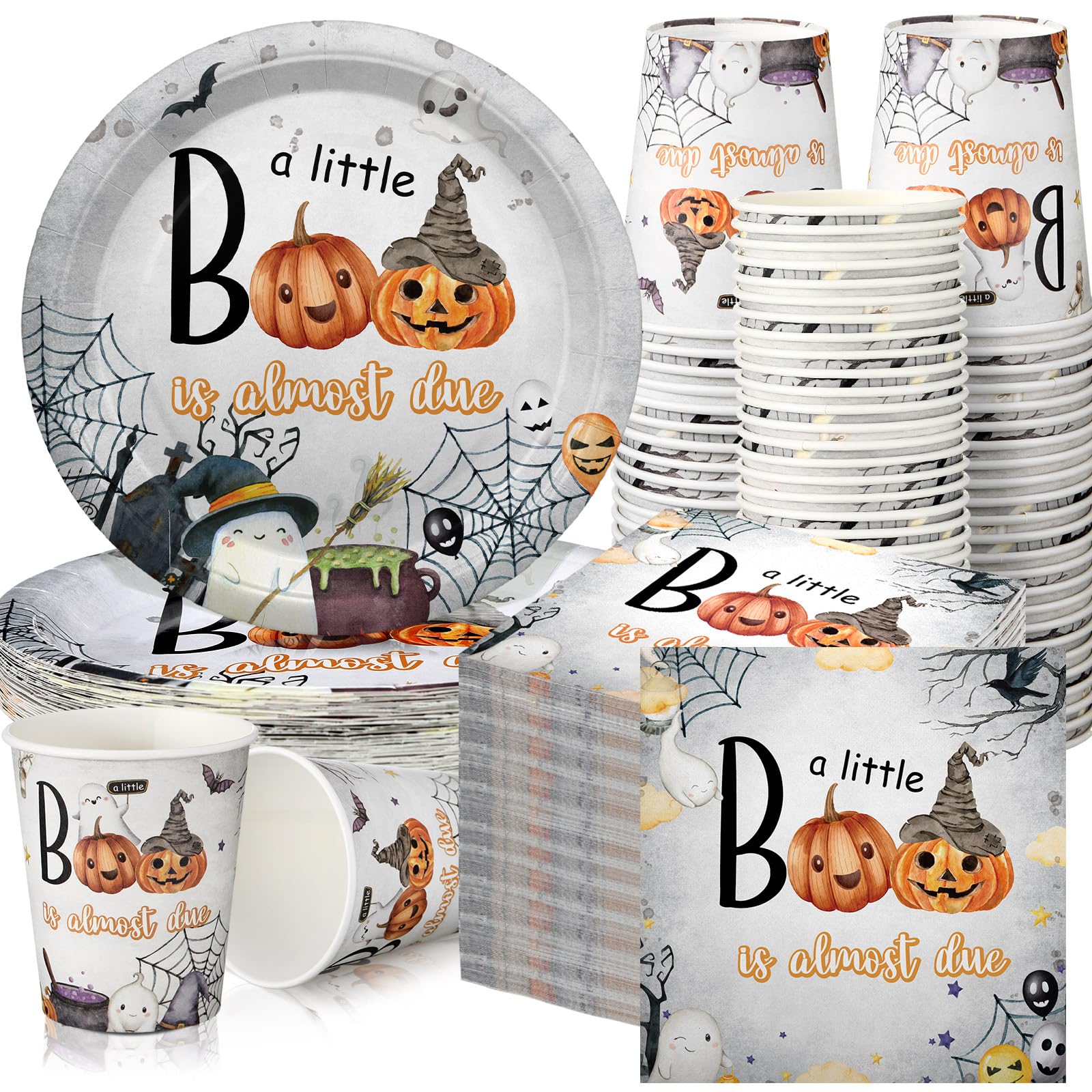 Hushee 200 Pcs Halloween a Little Boo Is Almost Due Baby Shower Paper Plates Napkins Cups Baby Shower Party Supplies Tableware Set Disposable Cup Napkin for 50 Guest Party Decoration