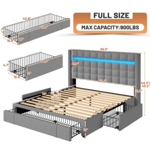 EnHomee Full Bed Frame with Storage,LED Bed Frame with Adjustable Headboard, Upholstered Platform Bed Frame Queen Size with 3 Drawers,Heavy Duty Wood Slats,Easy Assembly,No Box Spring Needed,Grey