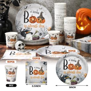 Hushee 200 Pcs Halloween a Little Boo Is Almost Due Baby Shower Paper Plates Napkins Cups Baby Shower Party Supplies Tableware Set Disposable Cup Napkin for 50 Guest Party Decoration