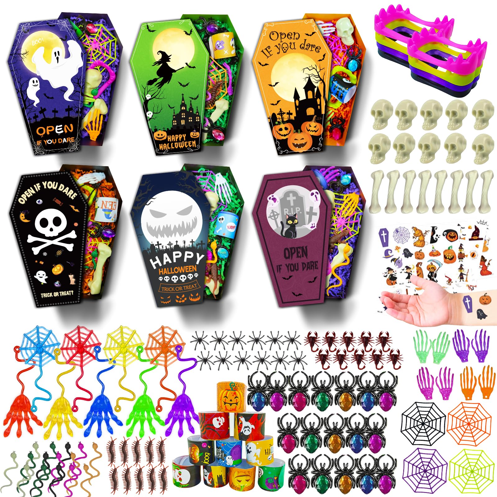 GOAUS Halloween Party Favors 20 Pack, Coffin Box Treat Goodie Bag Bags, 240 Pcs Toys Bulk Non-Candy Treats for Trick or Treat, Halloween Crafts, Kids Prizes Classroom Basket Stuffers