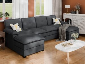 sunlei 110" u-shaped living room furniture set, 4 seat sectional sofa with double chaise for apartment, modern fabric modular couch sleeper for living room, black