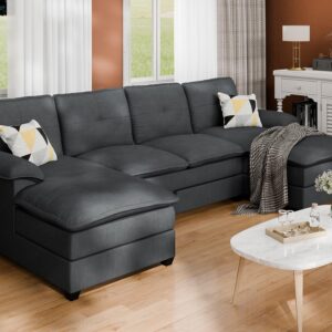 SUNLEI 110" U-Shaped Living Room Furniture Set, 4 Seat Sectional Sofa with Double Chaise for Apartment, Modern Fabric Modular Couch Sleeper for Living Room, Black