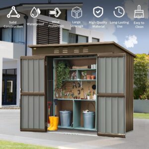 GLANZEND 6x4 FT Outdoor Metal Storage Shed, Storage Tool Sheds Tool Sheds with Lockable Double Door, Waterproof Steel Storage House for Bike, Garden, Backyard, Lawn, Brown