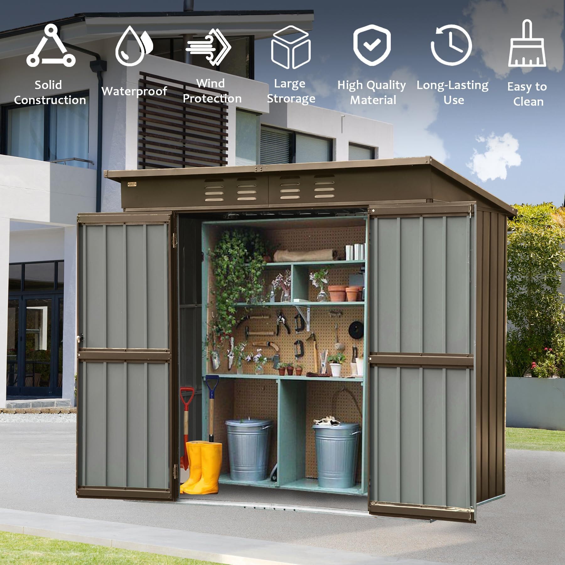 GLANZEND 6x4 FT Outdoor Metal Storage Shed, Storage Tool Sheds Tool Sheds with Lockable Double Door, Waterproof Steel Storage House for Bike, Garden, Backyard, Lawn, Brown