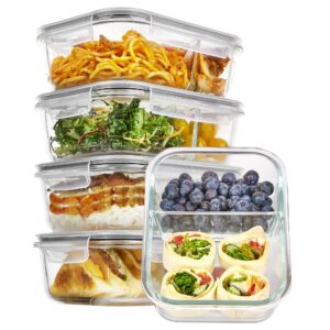 vtopmart 5 pack 33oz glass food storage containers with lids, meal prep containers 2 compartments, airtight lunch containers bento boxes with snap locking lids for microwave, oven, freezer