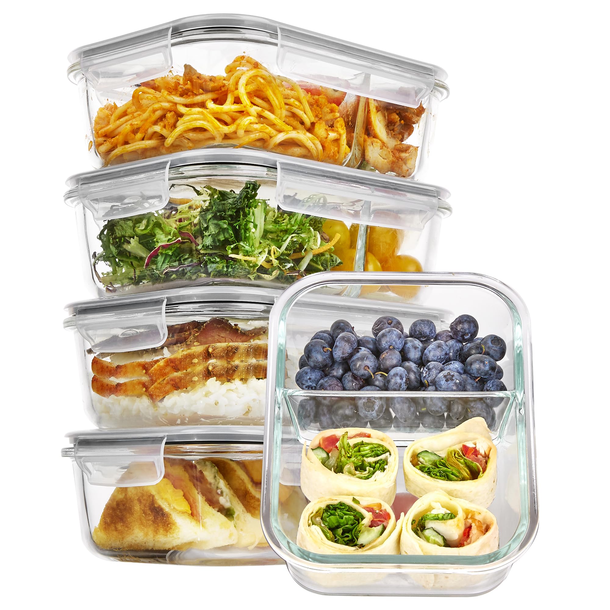 Vtopmart 5 Pack 33oz Glass Food Storage Containers with Lids, Meal Prep Containers 2 Compartments, Airtight Lunch Containers Bento Boxes with Snap Locking Lids for Microwave, Oven, Freezer