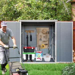 glanzend 5x3 ft resin outdoor storage shed, all weather waterproof garden storage cabinet with lockable double doors, outside utility tool sheds for bikes and patio, light gray