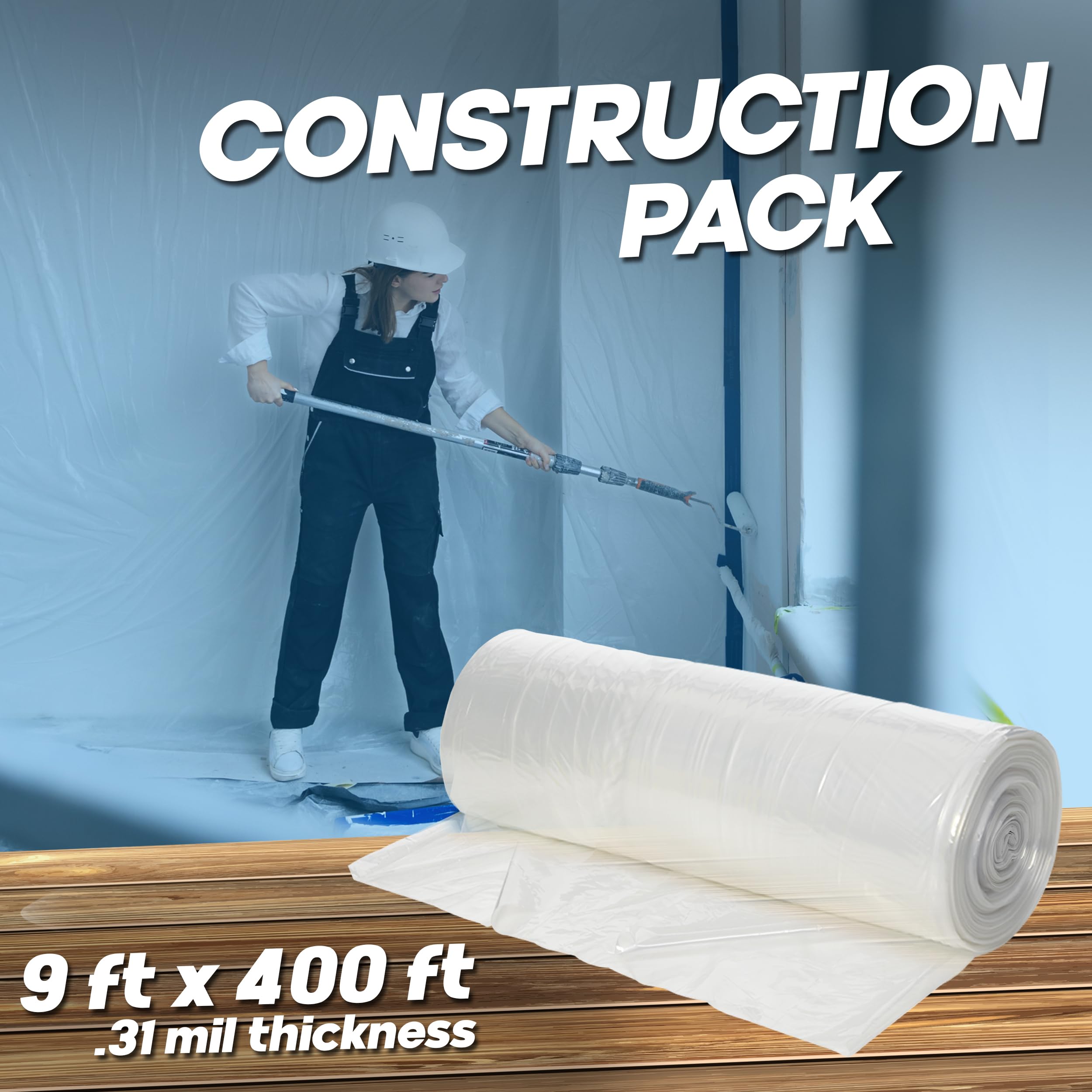 Plastic Sheeting (9' x 400') Long - High Density Painters Plastic Sheeting Roll in Box with Dispense Hole for Easy Paint Plastic Covering