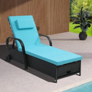 yitahome chaise lounge chair with storage, wicker patio lounge set with 5-position backrest, rattan pool reclining with headrest, arm, cushion, and wheel for poolside balcony garden(black+blue)