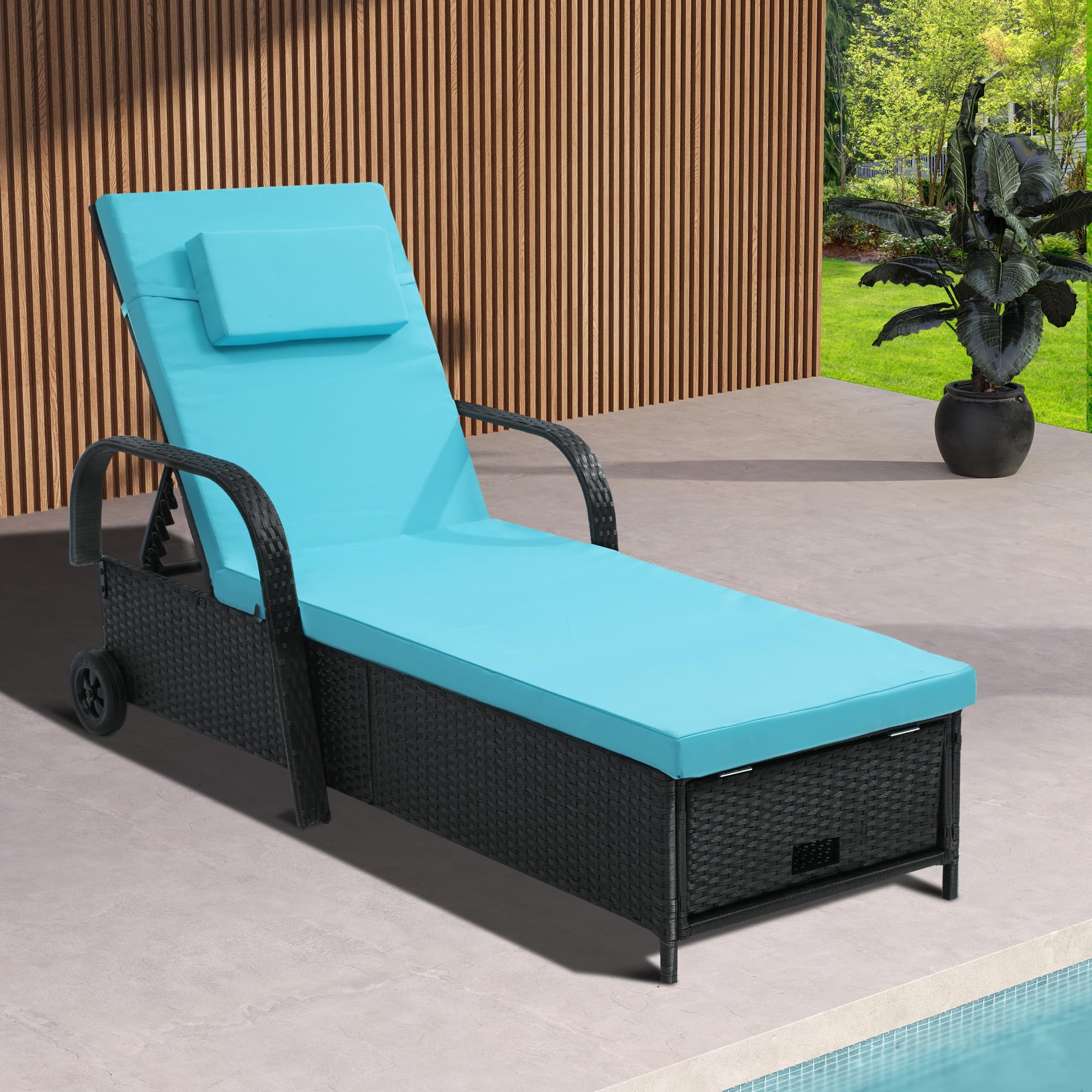 YITAHOME Chaise Lounge Chair with Storage, Wicker Patio Lounge Set with 5-Position Backrest, Rattan Pool Reclining with Headrest, Arm, Cushion, and Wheel for Poolside Balcony Garden(Black+Blue)