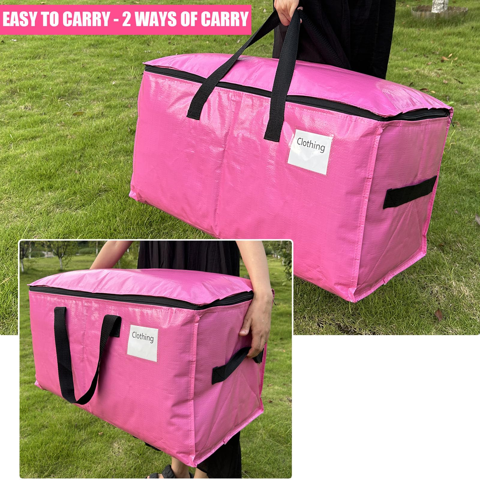 4 Pack Extra Large Moving Bags with Zippers & Carrying Handles, Heavy-Duty Storage Tote Moving Boxes for Moving, Storage, Camping and Travel 93L (Pink, 4 Pack)