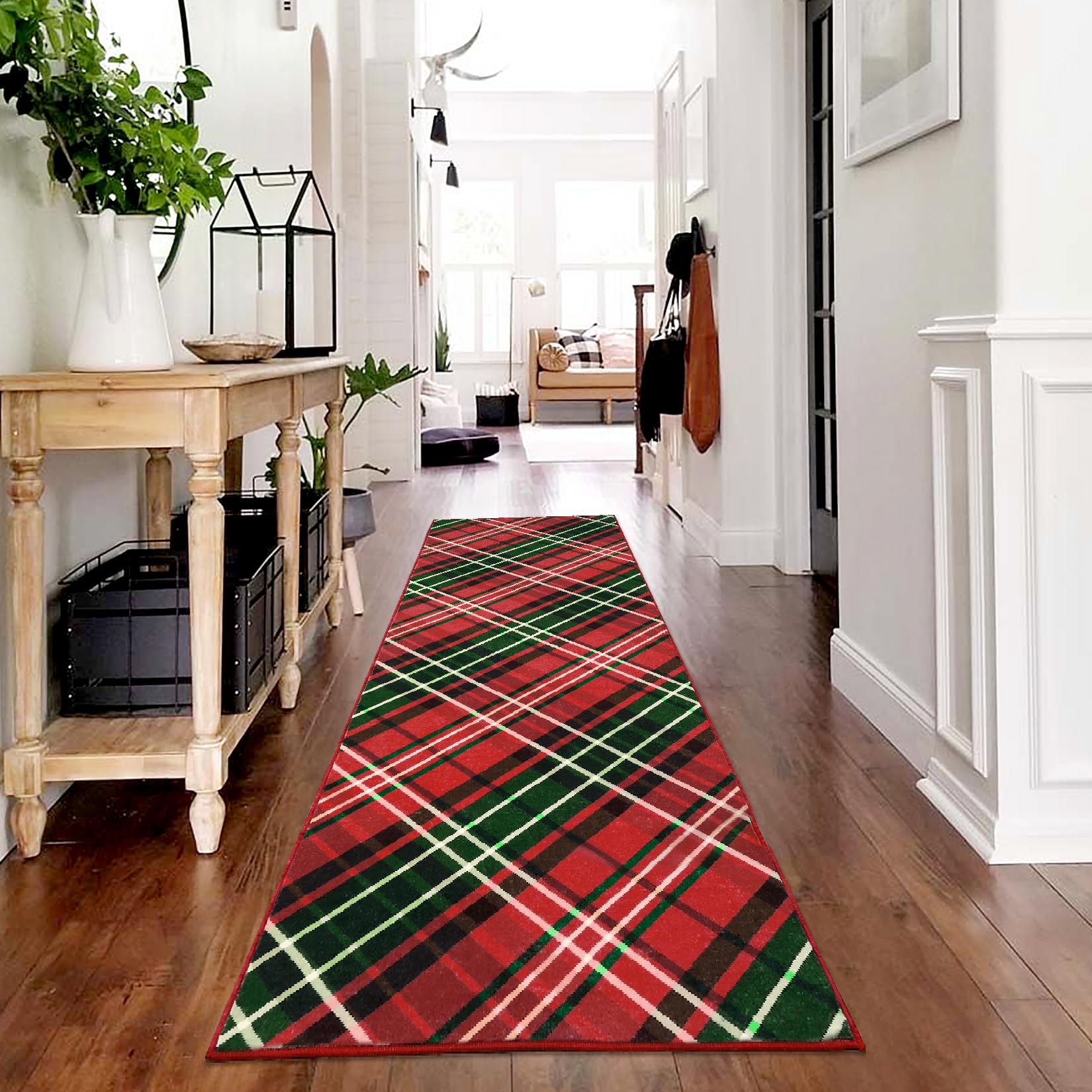 CAREMEE 2x8 Merry Christmas Runner Rug Plaid Printed Xmas Runner Rug Washable Rug Indoor Soft Entryway Runners Xmas Festive Rug Non Slip Kitchen Laundry Runner Rug for Living Room Fireplace Red/Green